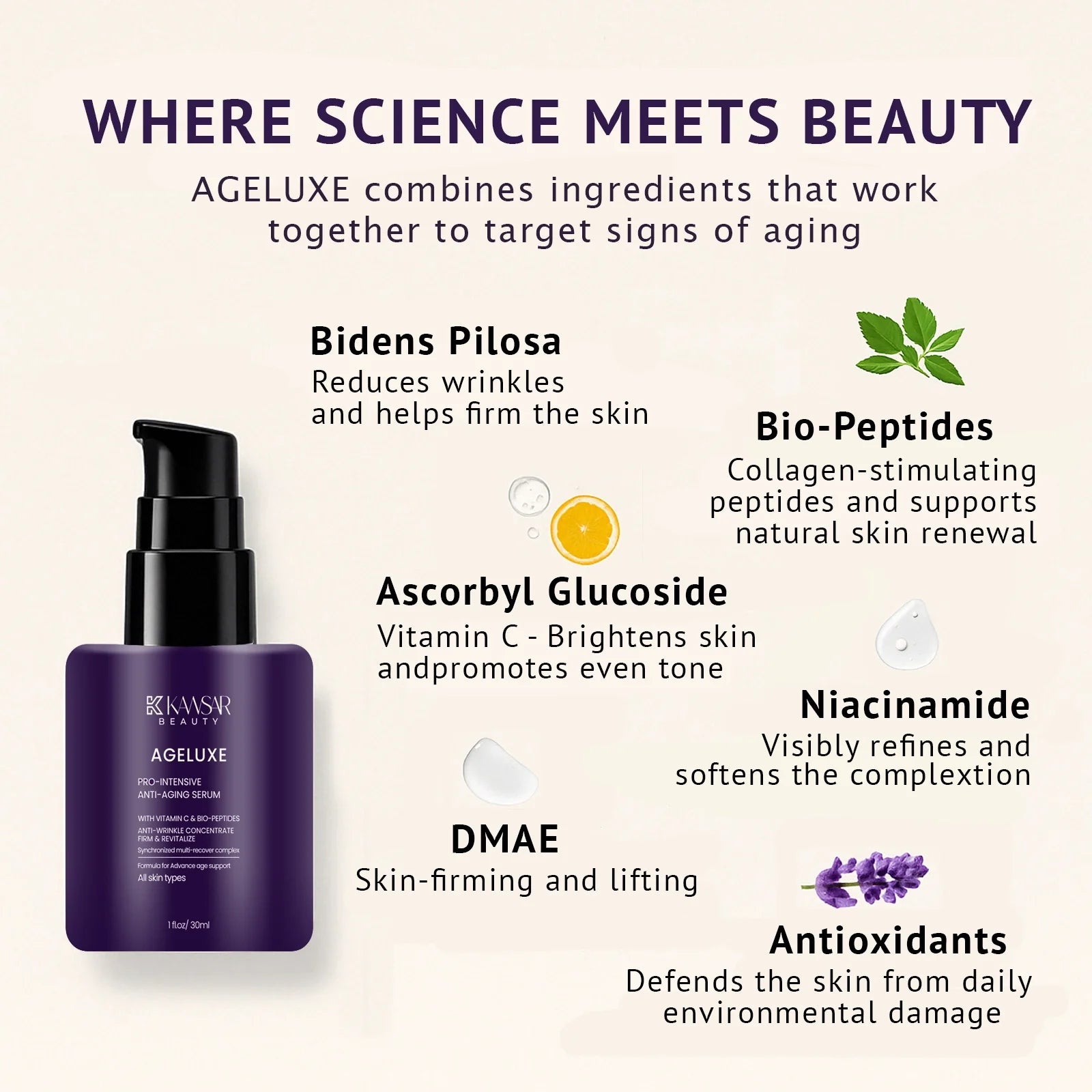 Sérum anti-âge Ageluxe – Vitamine C, niacinamide et biopeptides pour une peau ferme et éclatante 