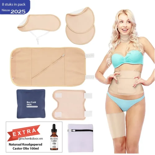 Castor Olie Pack Set – 8-Delig – 100% Biologisch Katoen – Voor Buik, Nek, Borsten, Benen & Armen