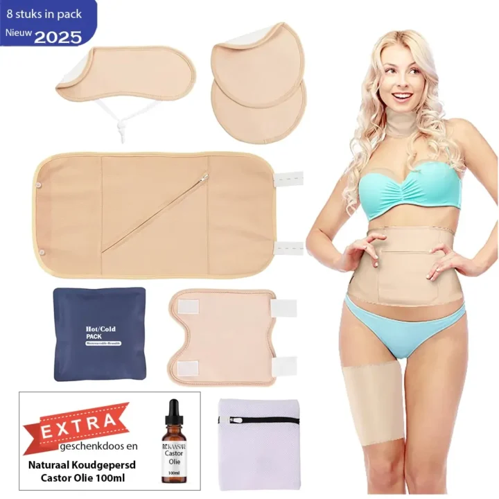Castor Olie Pack Set – 8-Delig – 100% Biologisch Katoen – Voor Buik, Nek, Borsten, Benen & Armen